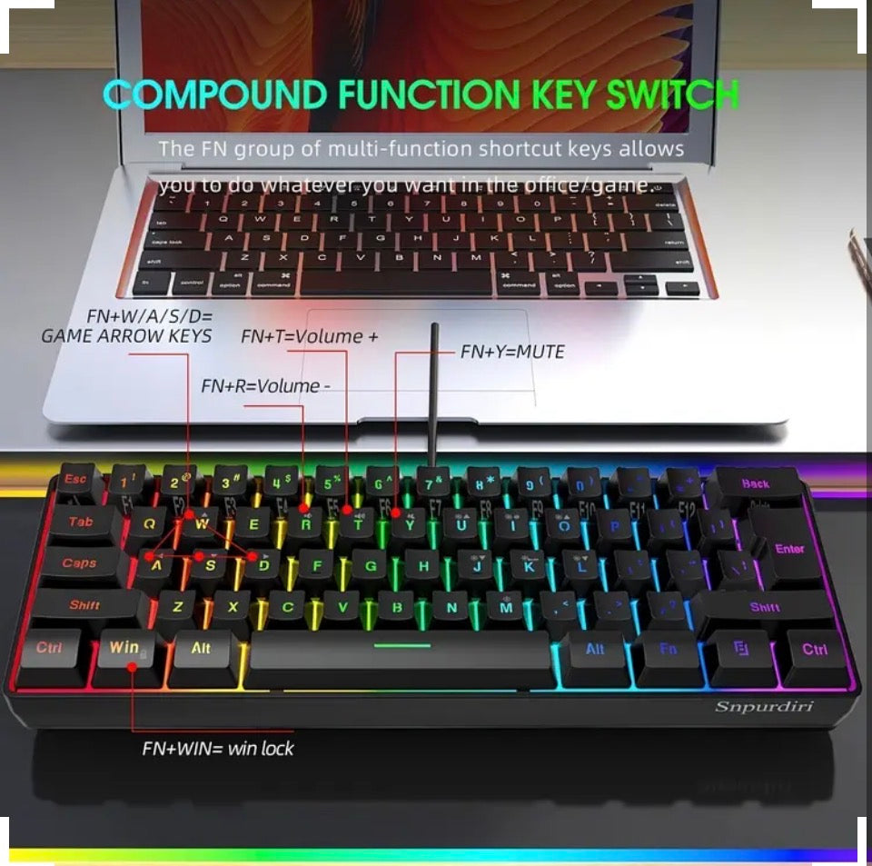 Snpurdiri 60% RGB Gaming Keyboard & Mouse Combo – 61-Key Compact Wired Set for PC Gaming